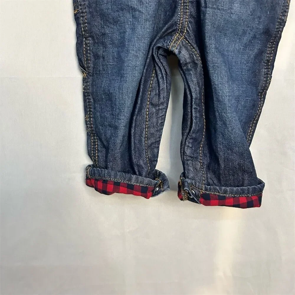 OshKosh B'gosh Baby Unisex Girl Boy Denim Overalls 12M Blue  Red Plaid Lined NWT